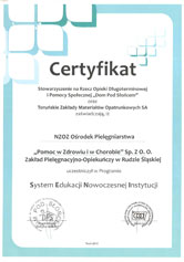 Certyfikat uczestnictwa w programie System Edukacji Nowoczesnej Instytucji